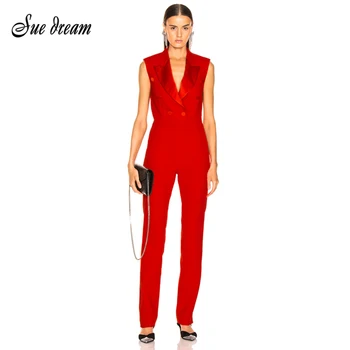 

2020 Autumn Fashion New Women'S Sleeveless Red V-Neck Double-Breasted Elegant Bodycon Club Party Jumpsuit
