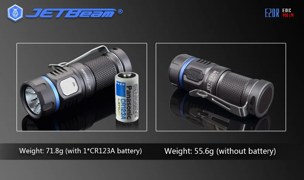 JETBeam E20R Micro USB Rechargeable Flashlight SST40 N4 BC Max 990 Lumen Mini Torch Flash Light with 16340 Li Battery