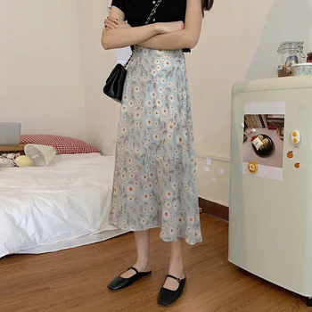 

Summer 2020 New High Waist Small Daisy Skirt Women Chiffon Elegant Skirt Knee Length Loose Floral Korean Skirt