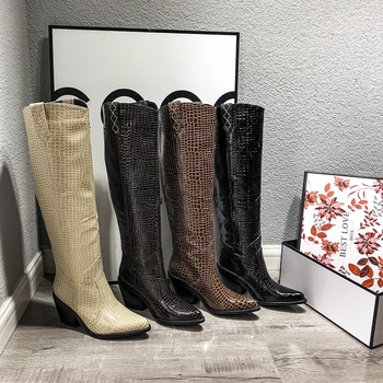 

Synthetic Leather Sexy Female Western Boots Winter Women Knee High Boots Night Club Shoes Woman Big Size Chunky Heels