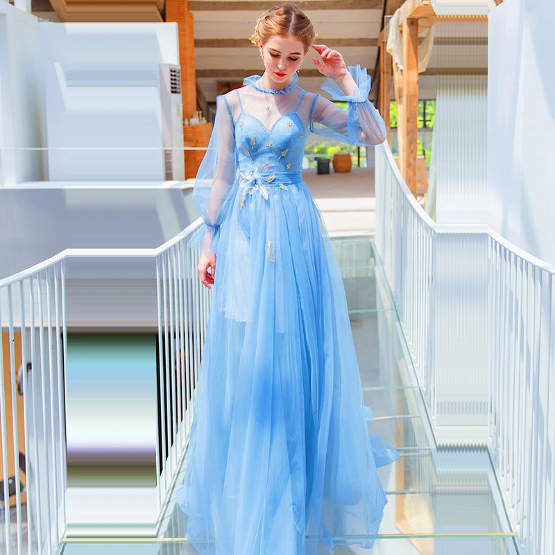 

Evening Dresses Blue Tulle A Line Floor Length Robe De Soiree Long Sleeve High Collar Party Dress Transparent Formal Gowns E595