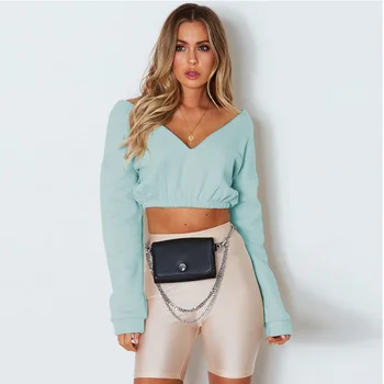 

New Hot Sale Fall Winter Women's Solid Cotton Long Sleeved Exposed Umbilicus Pullover Deep V-neck Crop Tops Female Warm Jumper