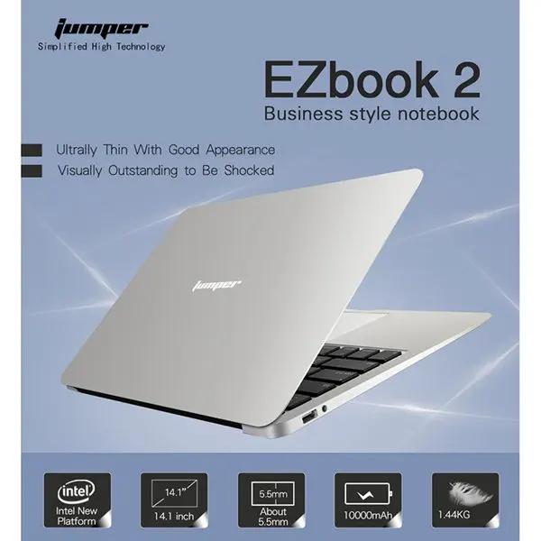 Jumper EZbook 2, ноутбук с Windows 10, Intel, 4 Гб ОЗУ, 64 ГБ, четырехъядерный, 14,1 дюймов, тонкий ультрабук, легкий портативный ноутбук