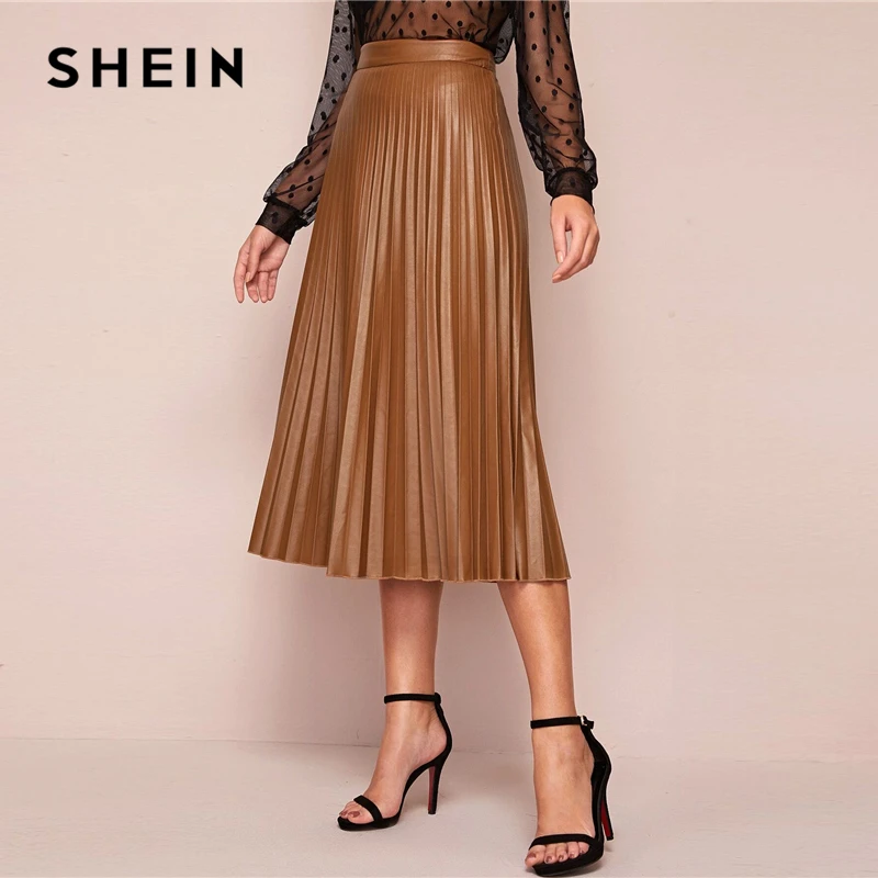 Женская плиссированная юбка SHEIN элегантная однотонная кожаная миди с высокой