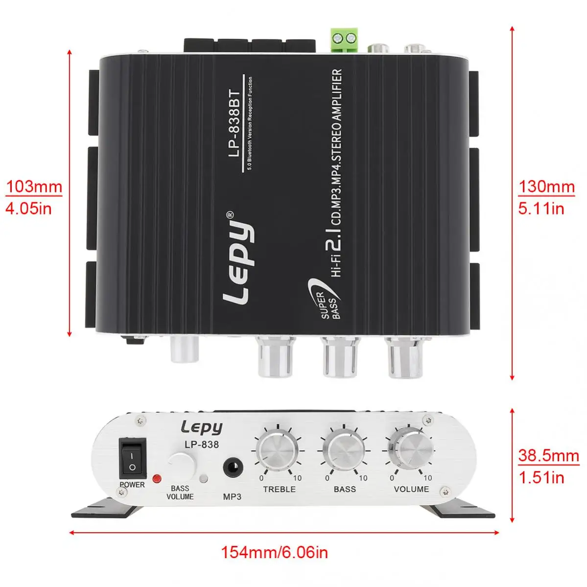 838BT HIFI Bluetooth Car Audio Amplifier 2.1 Channel Sound High Power Amplifier Subwoofer SD USB MP3 FM Radio Digital Player