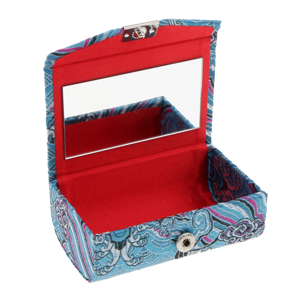 Retro Brocade Embroidered Chinese National Costume Design Lipstick Jewelry Case Holder Box With Mirror- Holds 2 Lipsticks