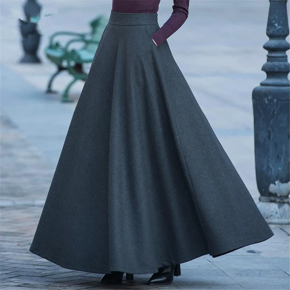 FairyShely 2022 Autumn Winter Retro High Waist Pleated Skirt Women Casual Pocket Woolen Maxi Skirt female Flare Red Long skirt black tennis skirt