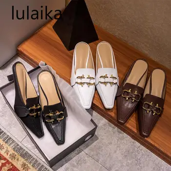 

2020 Summer Fashion Metal Buckle Mules Slipper Med Heel Outsides Ladies Slides Pointed Toe Slip On Luxury 5 Cm Size 34-40