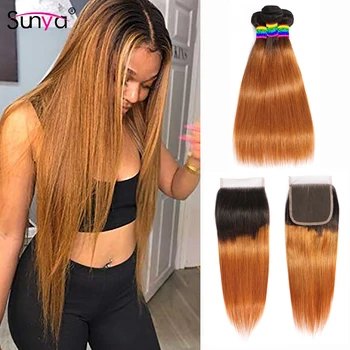 

Honey Blonde Ombre Straight Hair Bundles With Closure Peruvian Hair Bundles With Clousre 3Pcs Ombre Bundles With Closure Sunya