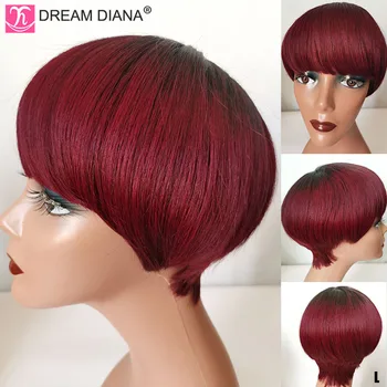 

DreamDiana Malaysian Hair Wig Ombre Human Hair Wigs Remy Straight Hair Wig #4 99J Short Brown Colored Bob Human Hair Wigs L