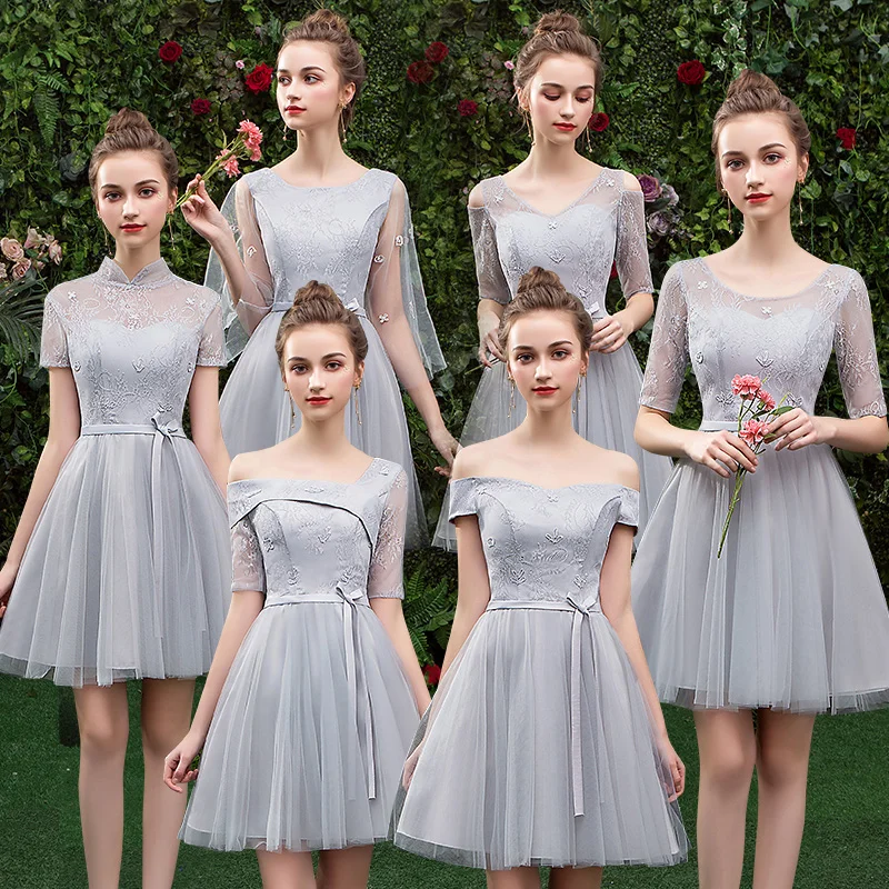 Vestidos de dama de honor cortos de encaje gris plateado, vestido largo Sexy espalda con cuello en V, con cordones, elegante para mujer, vestidos de invitados para fiesta de boda|Vestidos para