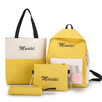 

Letter Color Matching Hair Ball Backpack New Large Capacity Student Bag Casual Canvas Printing Four-Piece