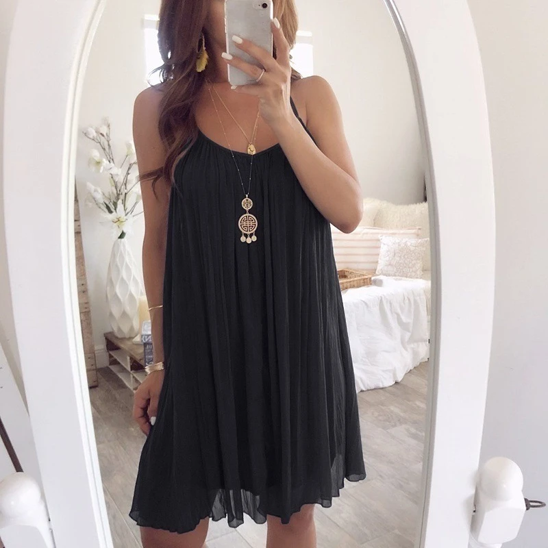 Women Dress Summer Casual Dresses Solid Sleeveless Strappy Beach Sundress Mini Dresses Women 2019 Clothes Woman Dress