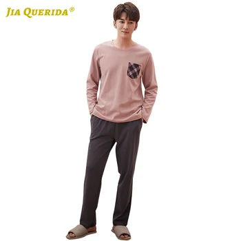 

Long Sleeve Long Pants Sleepwear Fashion Style Casual Style Man Clothes Front Pocket Pj Set Pink Top Gray Pants Loungewear