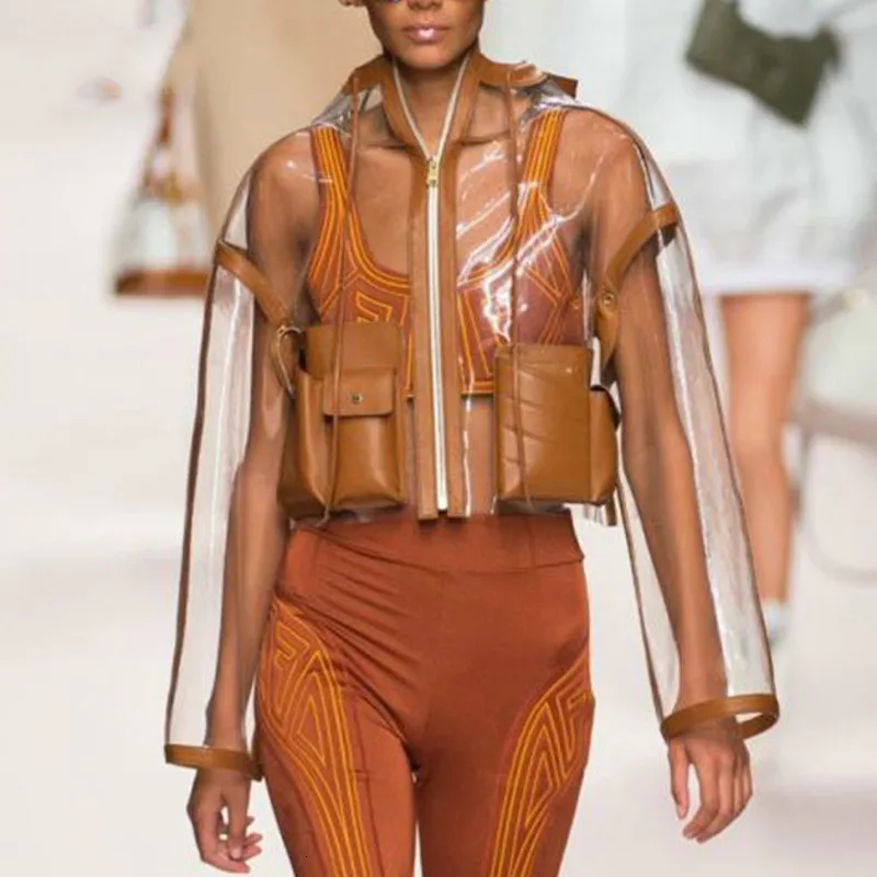 

TVVOVVIN Brown Long-sleeved Hooded Large Pocket Short Transparent Leather Jacket Woman Casual Simple Fashion 2019Autumn New X274