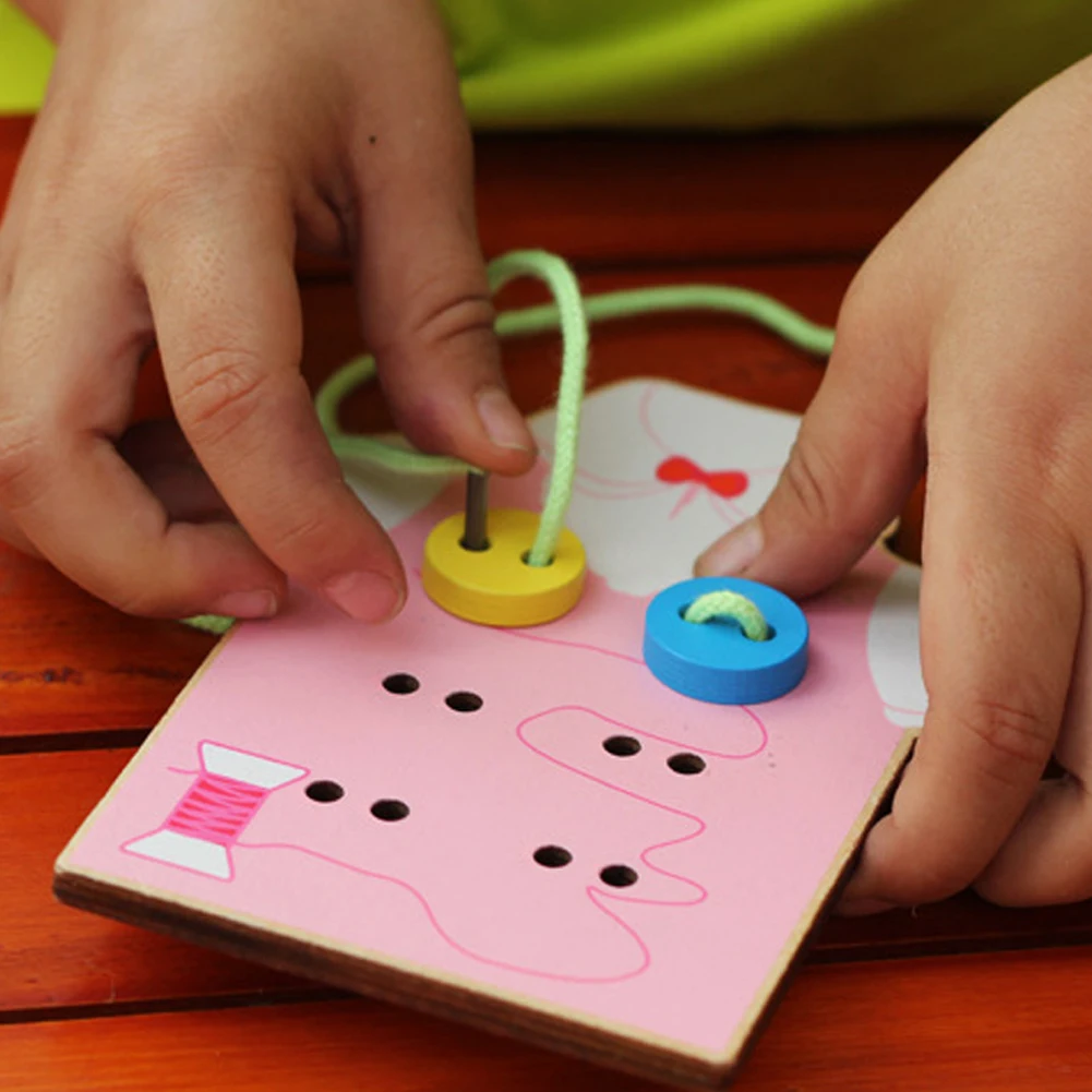  Kids Montessori Educational Toys Children Wooden Beads Lacing Board Toys Toddler Sew On Buttons Ear - 4000421047450