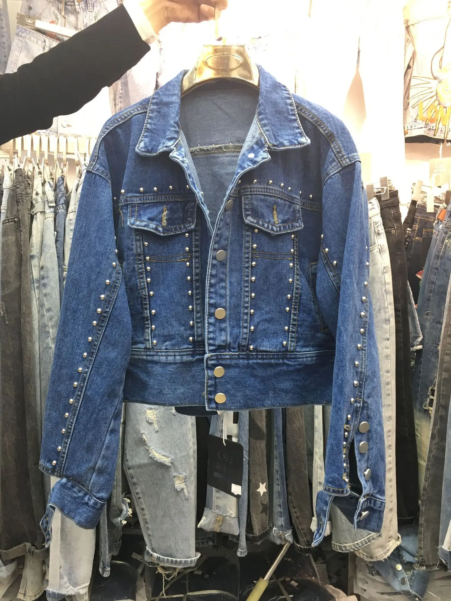 

2019 Spring New Style Korean-style Versitile Fashion Loose-Fit Back Hollow out Rivet Jeans Coat Women's Short Jacket on