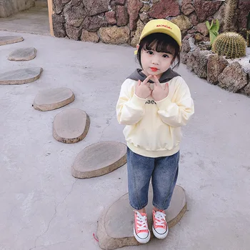 

Spring 2020 new autumn girls' jeans set long sleeve hoodies cartoon letter two piece set outerwear coat 1-96 for promotion