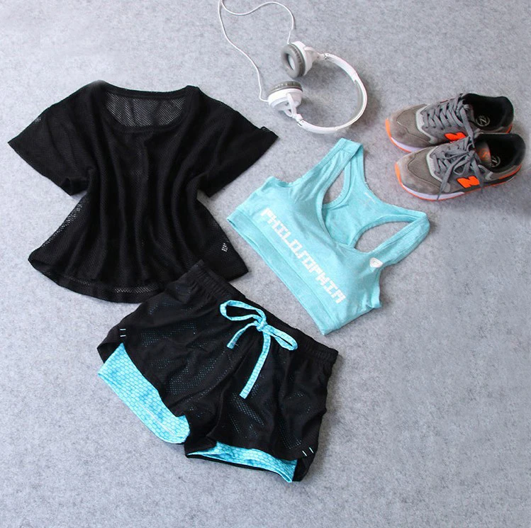 Solid Shorts Комплект из 3 предметов, Женский костюм для йоги, одежда для фитнеса, спортивная одежда для спортзала, женский спортивный комплект для тренировок, занятий спортом, бега, Женский комплект с бюстгальтером и шортами - Цвет: Solid Shorts