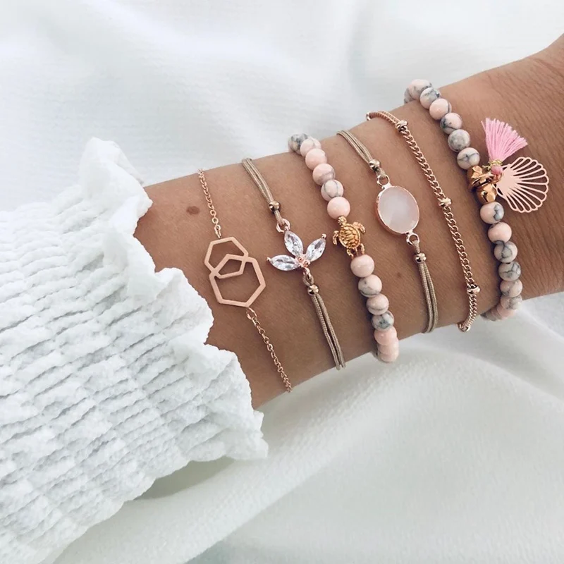 6Pc/set Bohemian Charm Bracelets Bangles For Women Natural stone Pink pattern beaded tassel bracelet lotus zircon | Украшения и