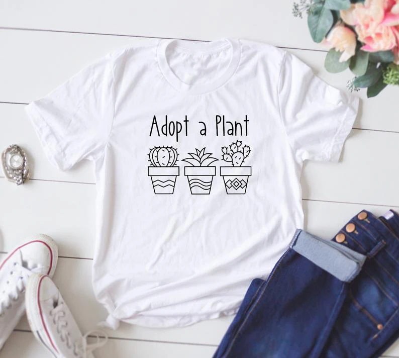 

Vintage Grunge Graphic Tshirt Top Tee Potted Adopt A Plant T-Shirt Harajuku Funny Camisetas Casual Women Unisex Aesthetic