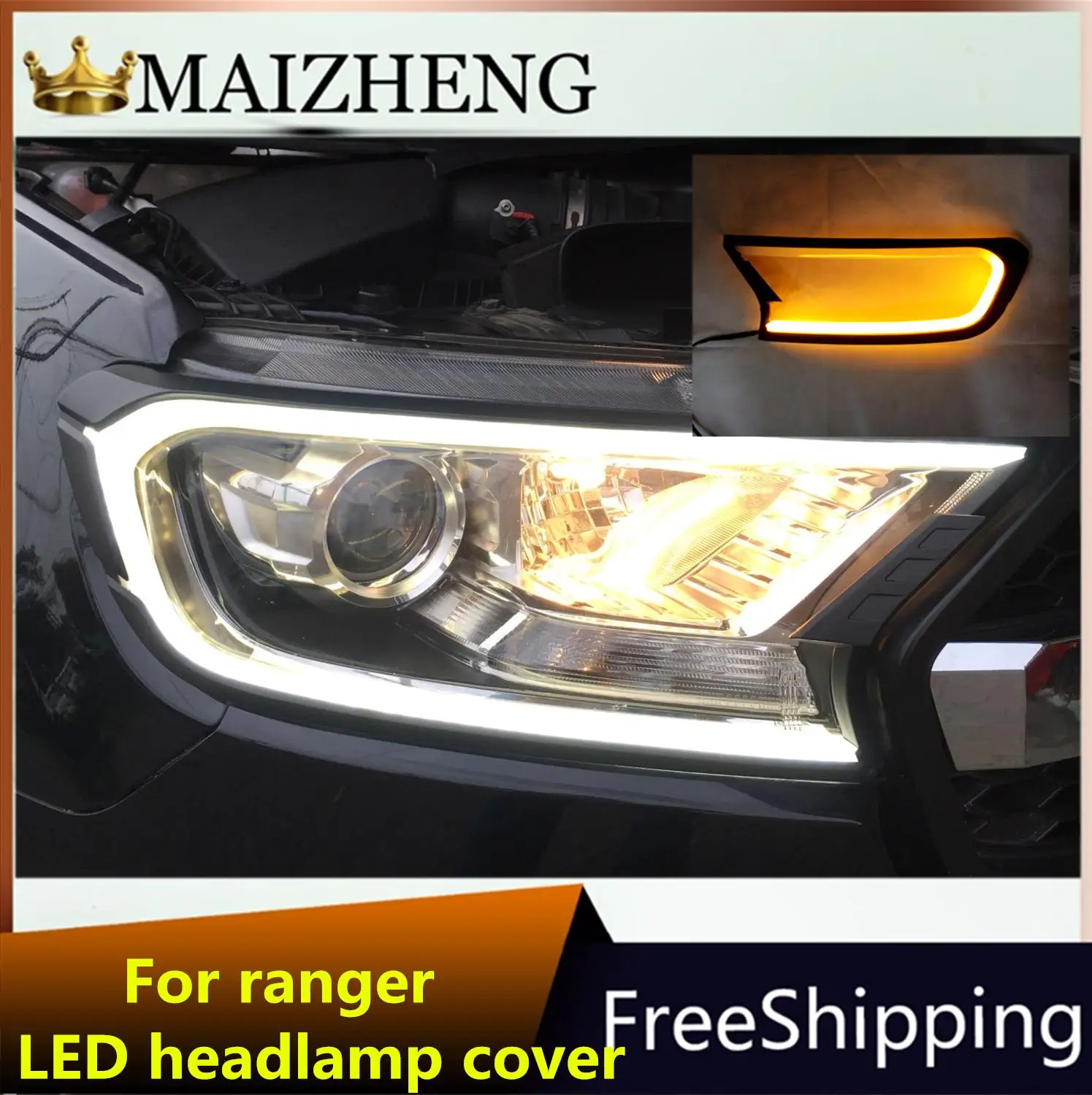  DRL daylight  Black HeadLight LED Cover Trim ABS Lamp Hood For FORD RANGER T6 Everest Raptor 2015 2 - 4000117721305