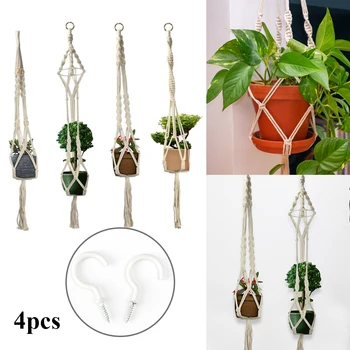 

4PCS Bohemian Hand-woven Wall Hanging Net Bag Wall Hanging Potted Hanging Basket Pure Hand-knitted Retro Water-absorbing