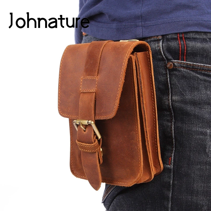 Johnature Retro Men Waist Bag 2021 New Crazy Horse Leather Belt Pouch Mountaineering Small Bags Male Casual Cowhide Mobile |