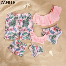 ZAFILLE, семейный купальный костюм, бикини с высокой талией для женщин и девочек, купальный костюм с оборками, пляжные шорты для мужчин и мальчиков, купальник для мамы и дочки
