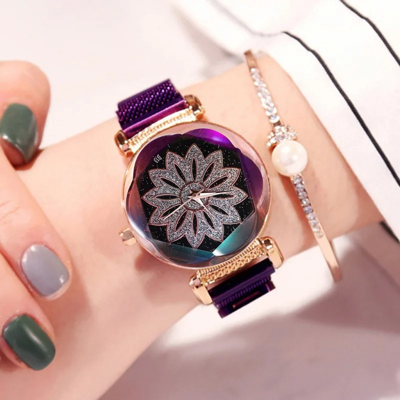 

Women Quartz Magnet Buckle Starry Sky Flower Watch Luxury Ladies Stainless Steel Quartz Watch Lady Wristwatch Decoration Fashion