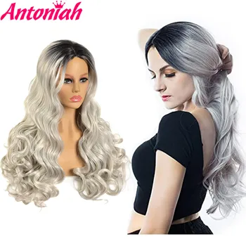 

ANTONIAH Long Wavy Grey Wigs Synthetic Wig for Women Natural Middle Part Heat Resistant Hair 24inchs Body Weave Hair