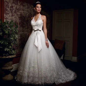 

Elegant Halter Lace Appliques Chapel Train Birdal Ball Gown Vestidos De Novia Backless Robe De Mariée Wedding Dress