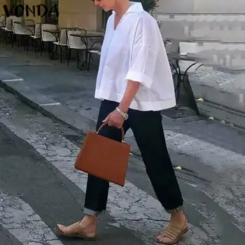 

VONDA Woman Blouses And Tops Spring Summer Sexy Turn Down 3/4 Sleeve Solid Color Shirts Loose Bohemian Blusas Plus Size S-5XL