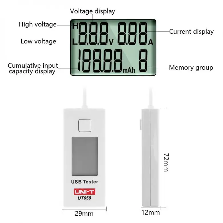 UNI-T UT658B Портативный 9 в 3.5A 10 см USB Напряжение монитор измеритель тока Емкость тестер с ЖК цифровой и подсветкой
