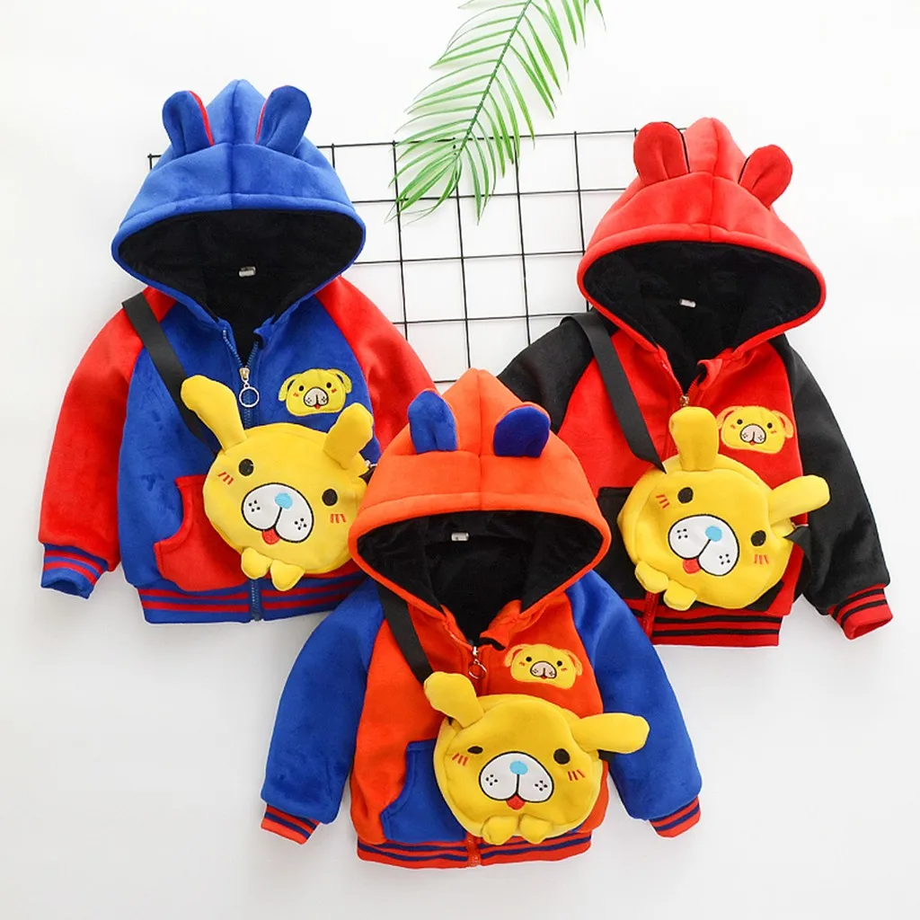 Модная зимняя детская теплая куртка на молнии с мультяшным животным пальто с капюшоном и сумкой для девочки vestidos