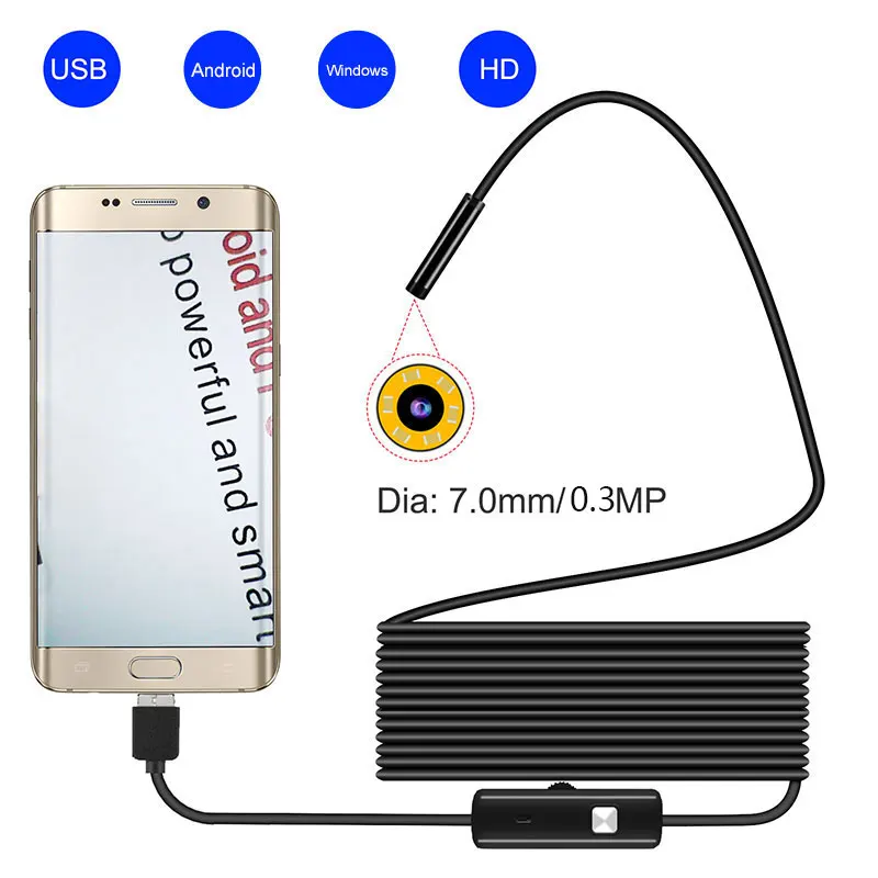

7mm 3 in 1 Practical Handheld Endoscope Mobile Phones Inspection Camera Computers Metal Plastic USB Ear Spoon Borescope