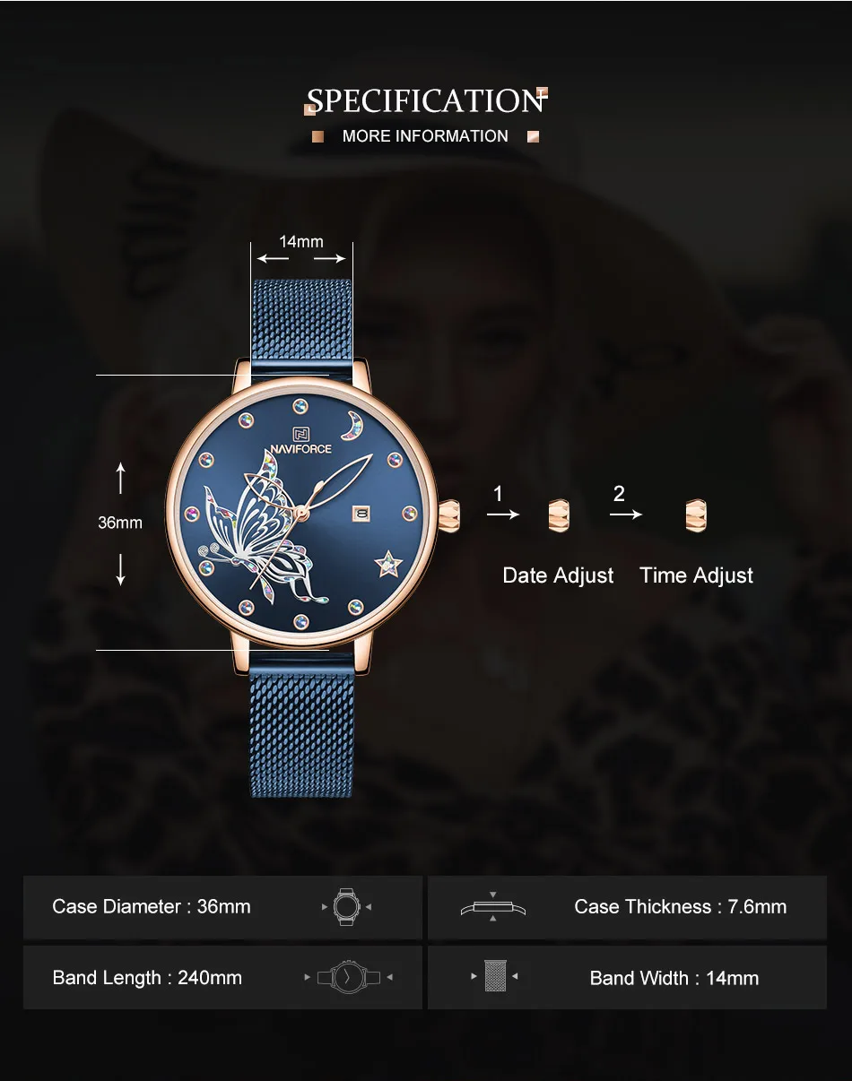 NAVIFORCE, женские часы, люксовый бренд, reloj, Бабочка, часы, модные, кварцевые, для девушек, сетка, нержавеющая сталь, водонепроницаемые, подарок, reloj muje