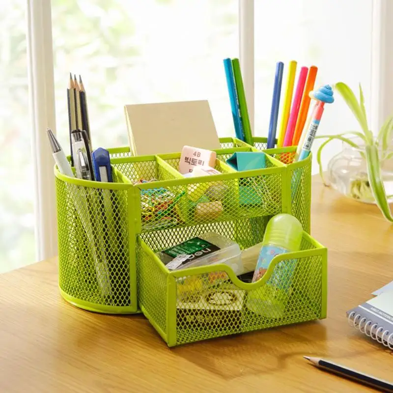 Офисный Настольный органайзер для хранения, 9 ячеек, металлическая настольная сетка, Настольная ручка-карандаш для мелочей, держатель Бейджа, коробка, пенал для канцелярских принадлежностей - Цвет: Type A Green