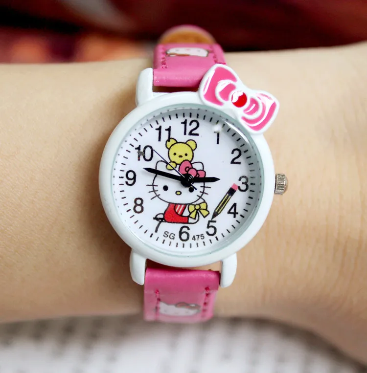 Горячая Распродажа, милые брендовые кожаные кварцевые часы с мультяшным принтом для детей, девочек и мальчиков, повседневные модные наручные часы с браслетом, часы Relogio - Цвет: hot pink