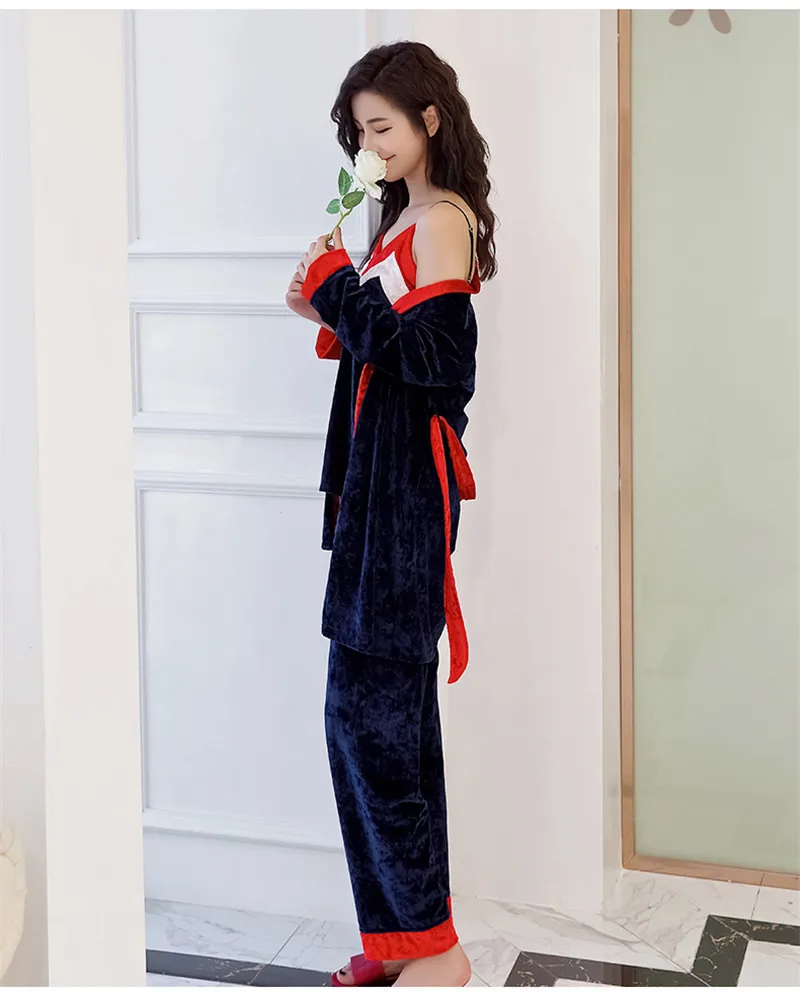 Women Sleepwear Pajamas Set 3 Pieces gold Velvet Warm Sexy Stripe Pajamas Winter Sleepwear Long Sleeve Long Pants home clothing