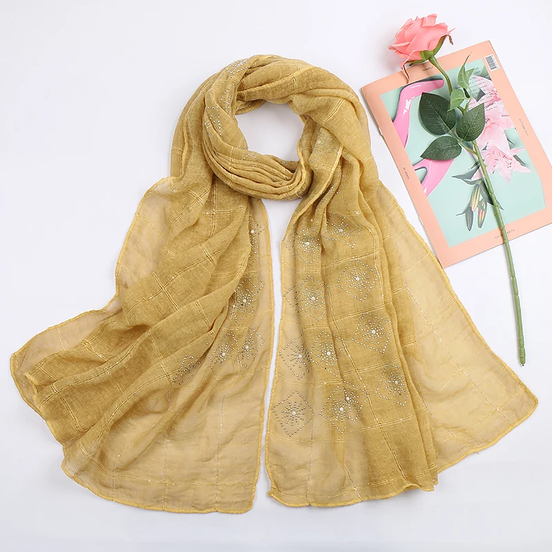 

Fashion rhinestone Pearl cotton scarf plaid scarf long shawl New style women Muslim hijab wrap scarves 180*85cm