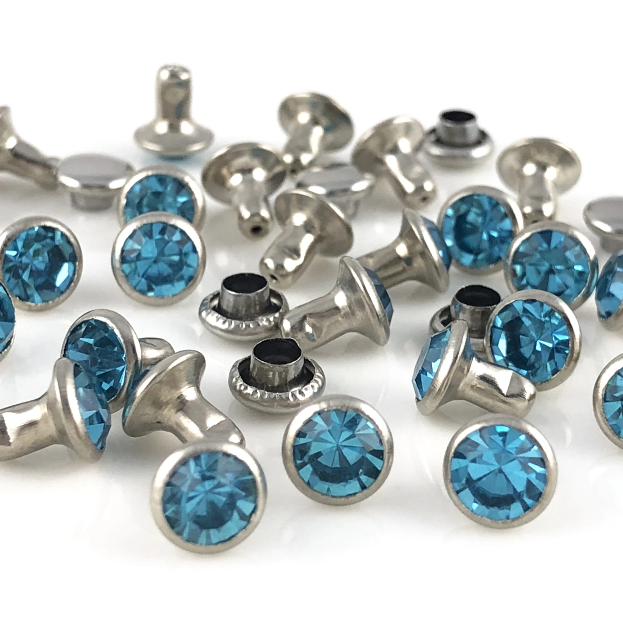 Yoranyo 100 Sets 4MM Aquamarine Blue CZ+++ Crystal Rivets Rhinestone Rivets Leather Craft Garment Punk Studs Fit For DIY Making