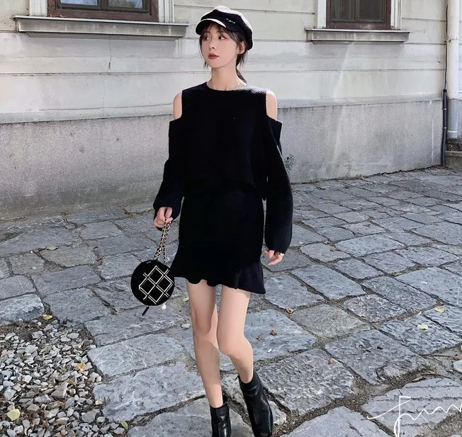 Autumn Elegant Ladies Women Fashion Loose Sexy Hollow Out Off Shoulder Pullovers Sweater+Mini mermaid Skirt Suits