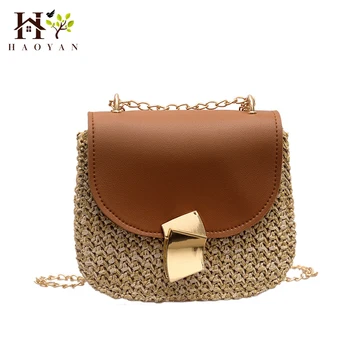 

Women's Shoulder Bags Straw + Leather Handbag Female Summer Straw Bag Messenger Bag Handmade Woven Shoulder Bag New Fashion