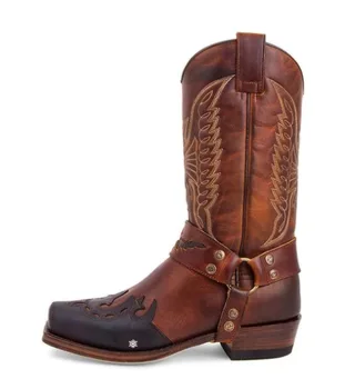 

woman Mid-calf Boots antumn Winter Vintage PU Leather Embroidery Western Cowboy Boots plus size Square toe Slip On Casual Shoes