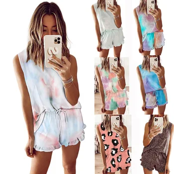 

2020 New Womens Tie Dye Printed Ruffle Pajamas Set Sleeveless Tops And Short PJ Set Loungewear Nightwear Sleepwear Two-Piece Set