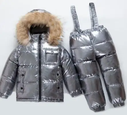 Silver Пуховые куртки с большим меховым воротником+ пуховые штаны на подтяжках-35 два комплекта зимний теплый ветрозащитный водонепроницаемый пуховый Комплект для мальчиков, детские лыжные комплекты - Цвет: Silver