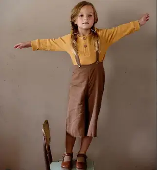 

2020 ins Spring Summer Boys Girls Casual Bib Overalls Cargo Pants Orange Color Cotton Linen Ankle-Length Pants