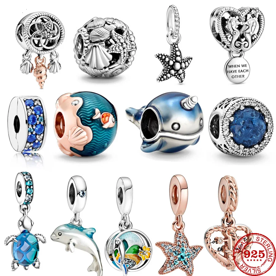 Charm Jewelry Summer Glass Turtle Starfish Sea Horse 925 Silver Charm Bead Fit Original Pendant Bracelets DIY Ocean Series Jewelry