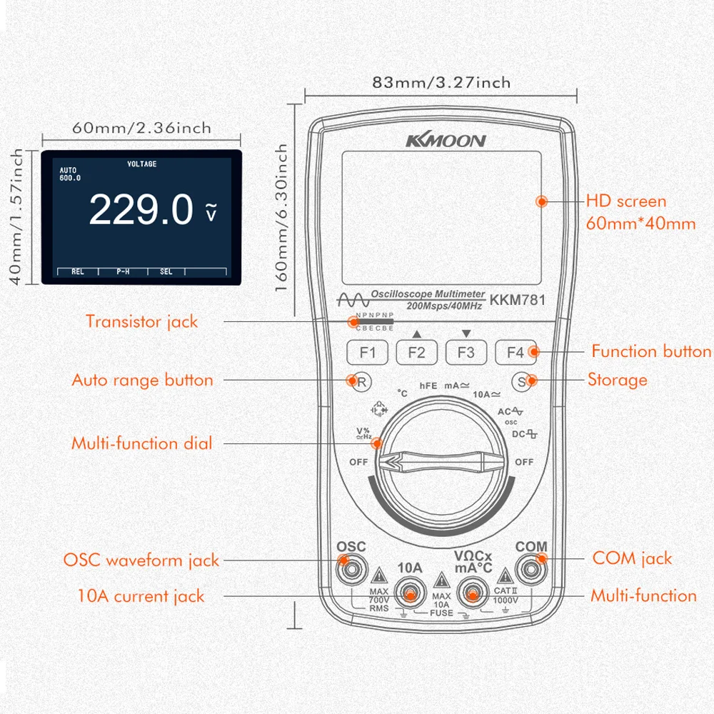 KKmoon интеллигентая(ый) цифровой осциллограф Scopemeter 2-в-1 40 МГц 200 Мбит/с/S Авто осциллограф OSC 6000 отсчетов True RMS